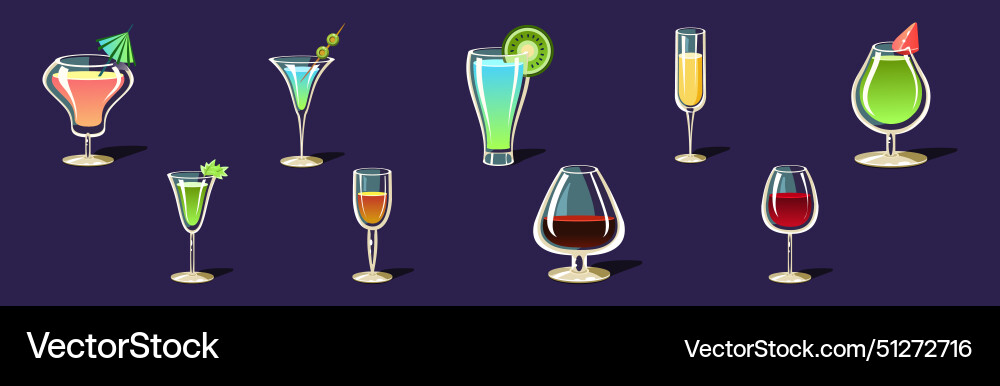 Alkoholische Getränke und Cocktails im Glasset Alkoholische Getränke und Cocktails im Glasset vektorbild