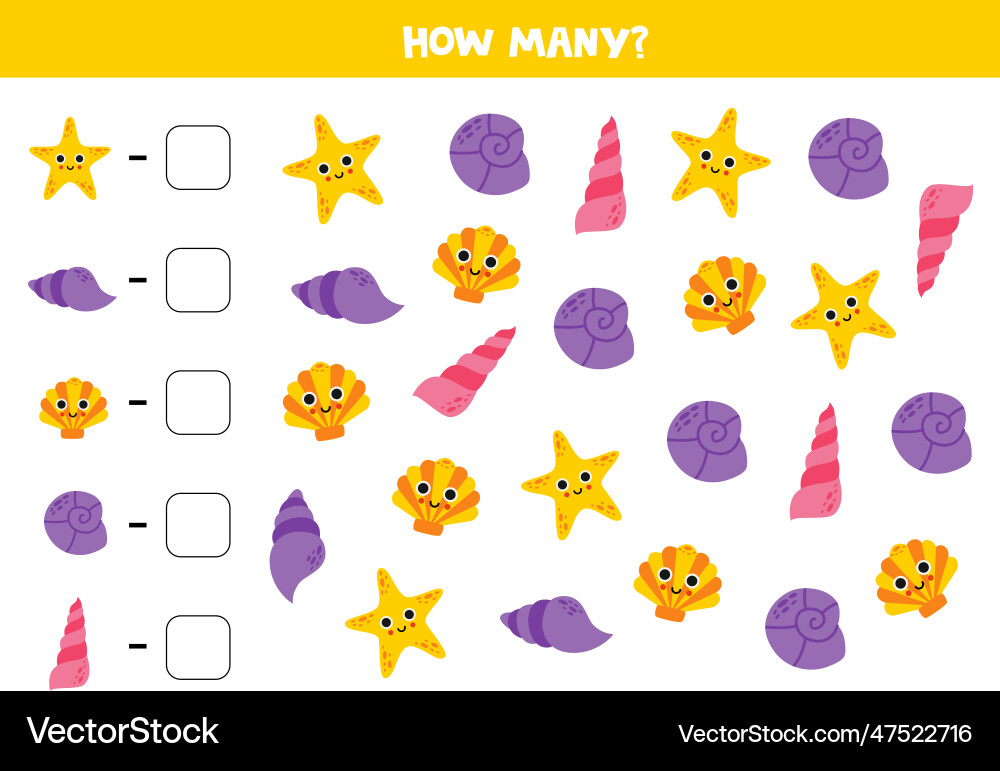 Counting game with cartoon seashells math Counting game with cartoon seashells math vector image