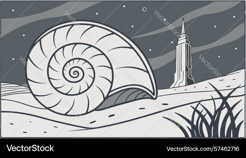 Nautilus shell on beach with distant lighthouse vector image