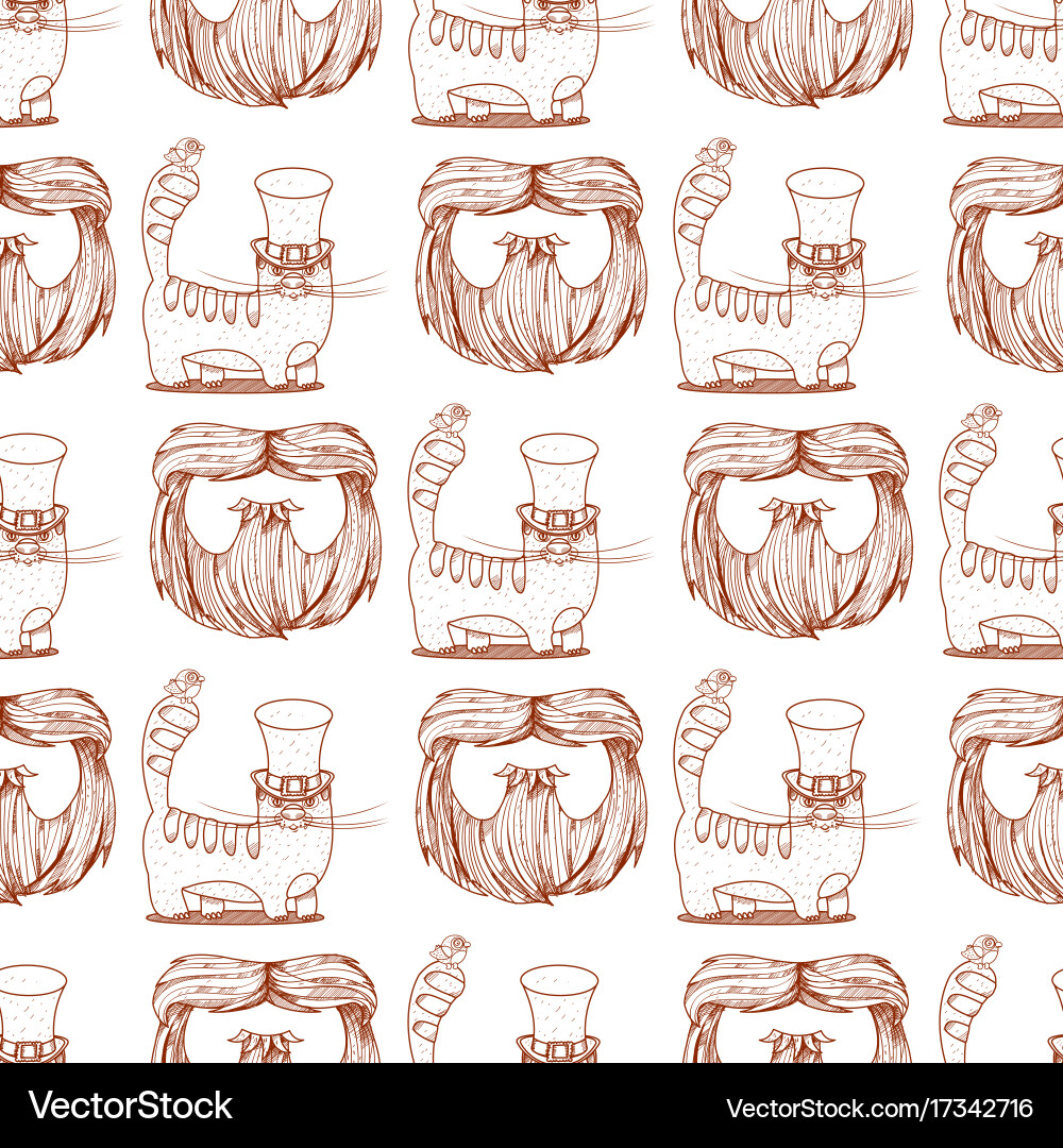 Seamless pattern with cat in a top hat and beard vector image
