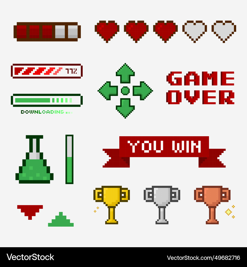 Set of pixel game elements 8bit icon vector image