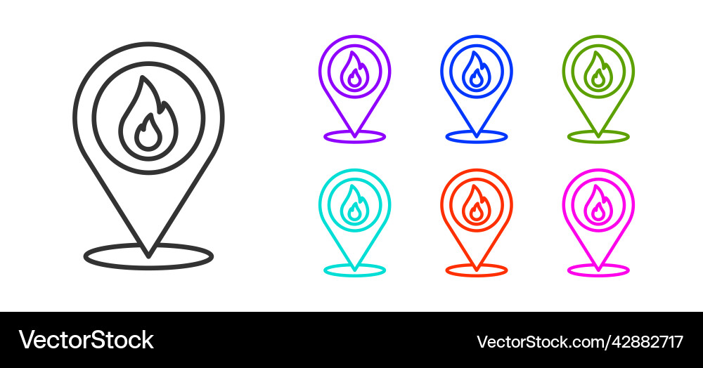 Black line map pointer with fire flame icon Black line map pointer with fire flame icon Vector Image