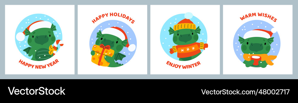 Cute dragon greeting cards funny green dinos Cute dragon greeting cards funny green dinos vector image
