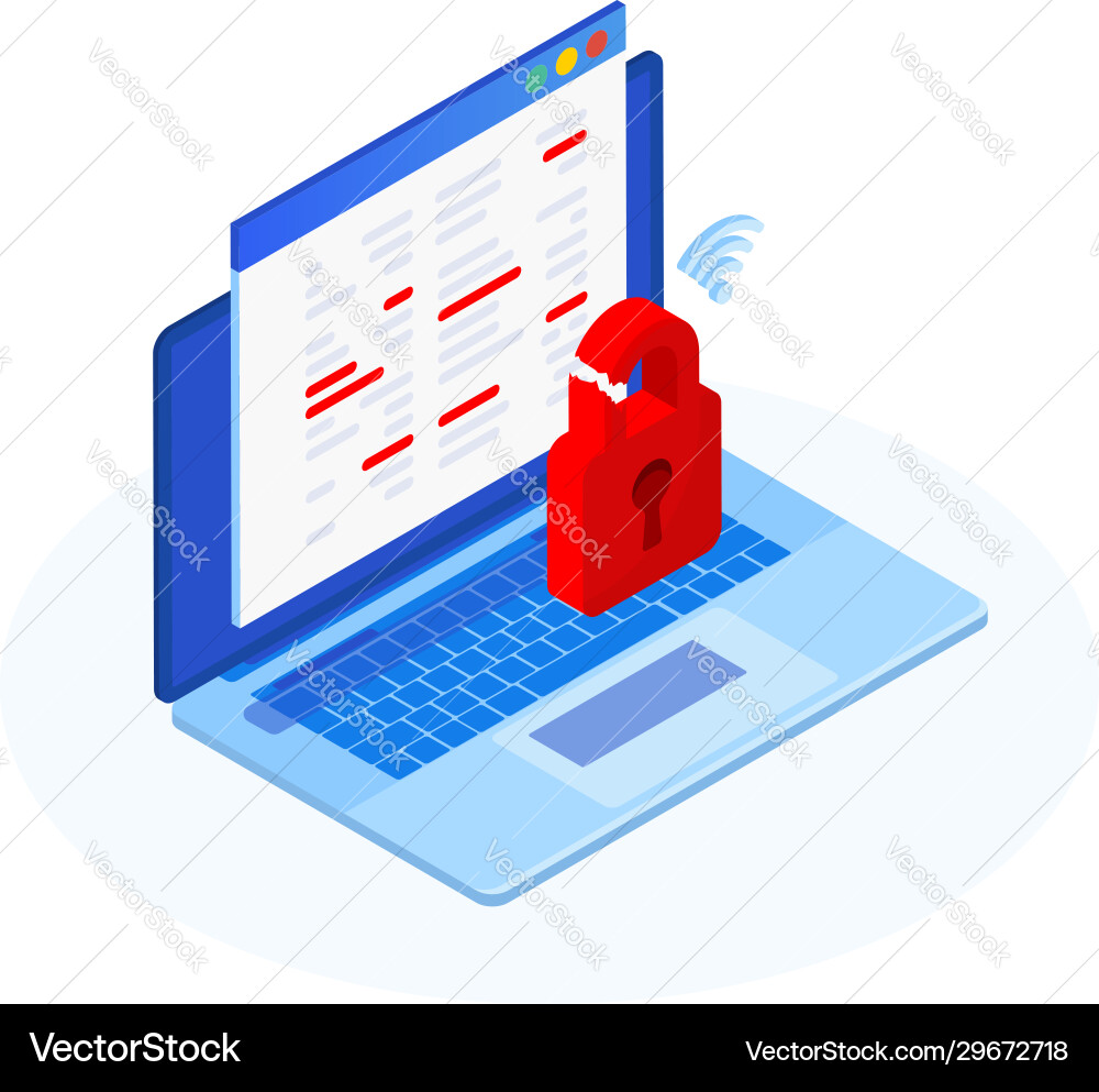 Cyberattack concept isometric computer with a red Cyberattack concept isometric computer with a red vector image