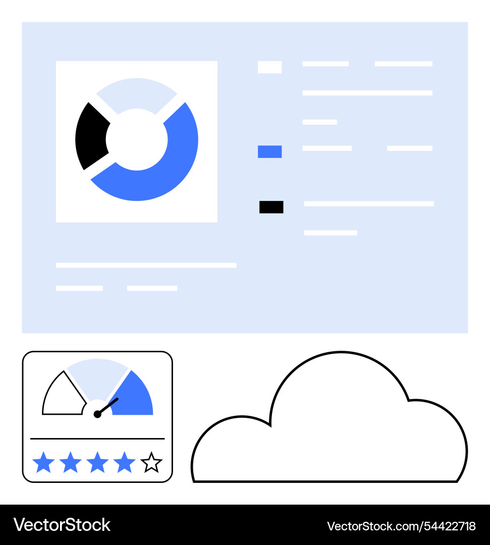 Data dashboard with pie chart star rating gauge Data dashboard with pie chart star rating gauge vector image