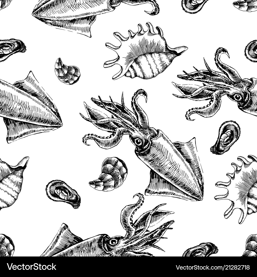 Seamless pattern with squid and clams marine Seamless pattern with squid and clams marine vector image