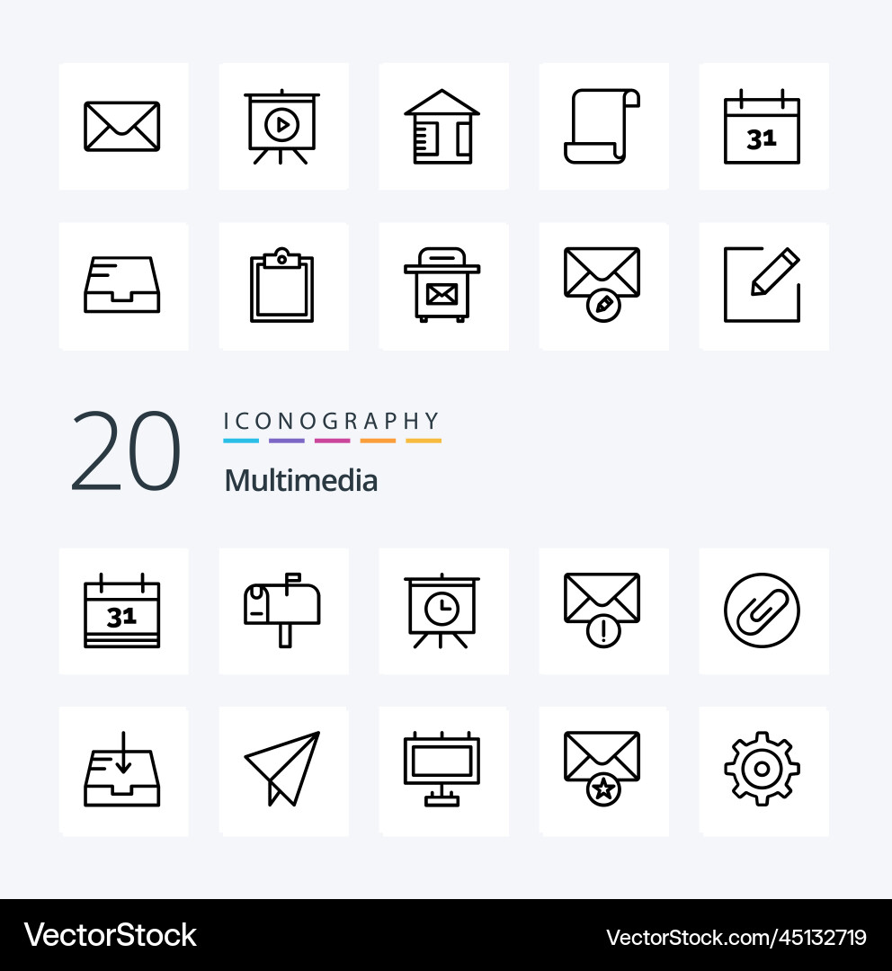 20 multimedia line icon pack like buffer mail vector image