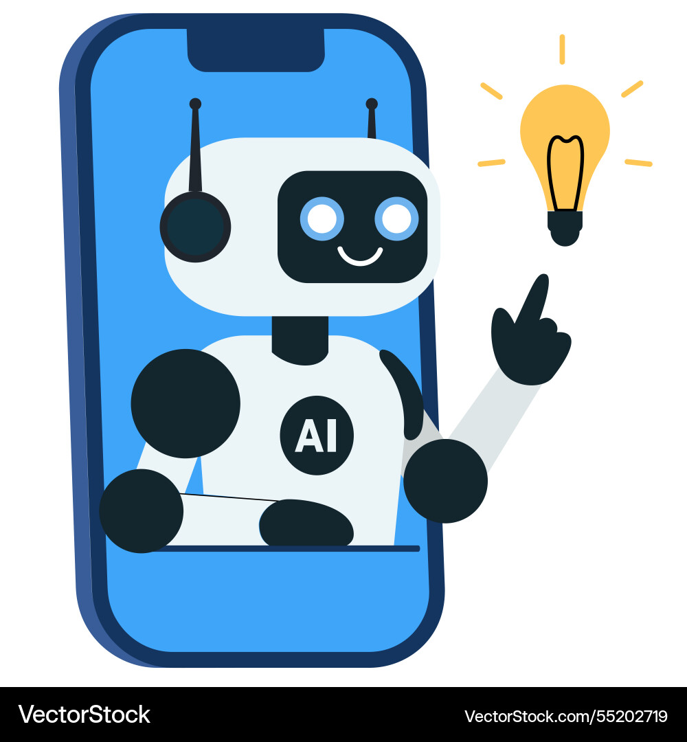 Cute chat bot ai robot points to the light bulb Cute chat bot ai robot points to the light bulb Vector Image