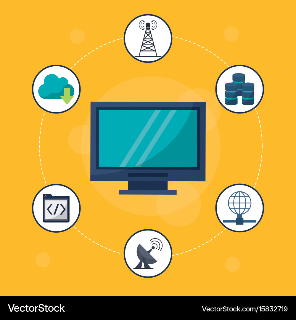 Yellow background with desktop computer in closeup Vector Image