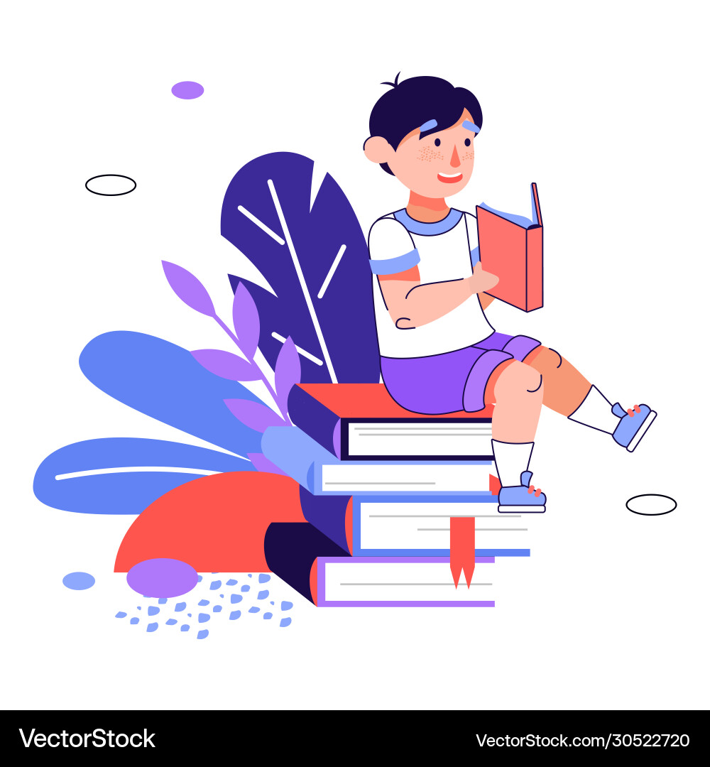 Boy sits on stack books and reading cartoon Boy sits on stack books and reading cartoon vector image