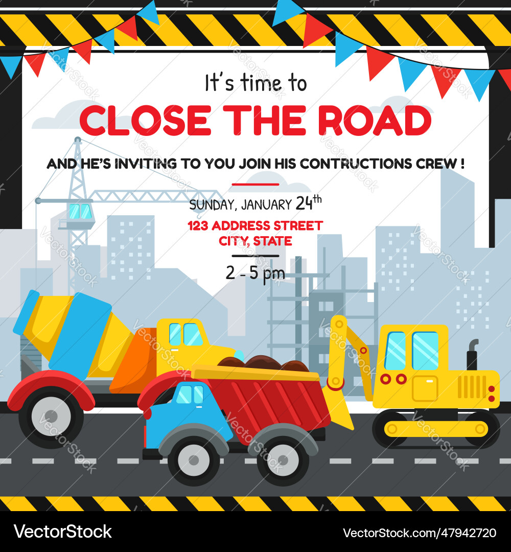 Construction Party Invitation Card – Royalty-Free Vector | VectorStock, image size:1000x1080