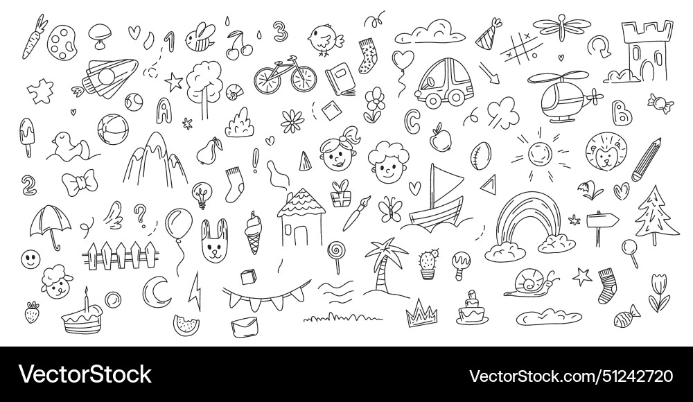 Doodle set of objects from a child life drawn vector image