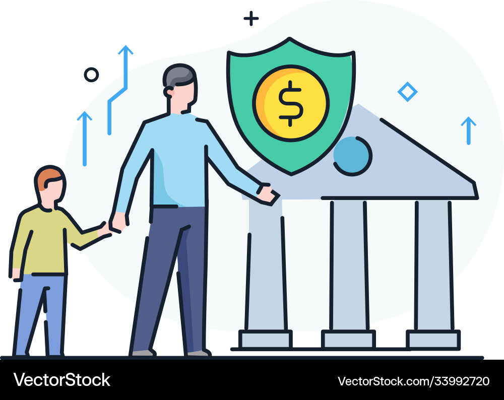 Father and child receive bank assistance business Father and child receive bank assistance business Vector Image