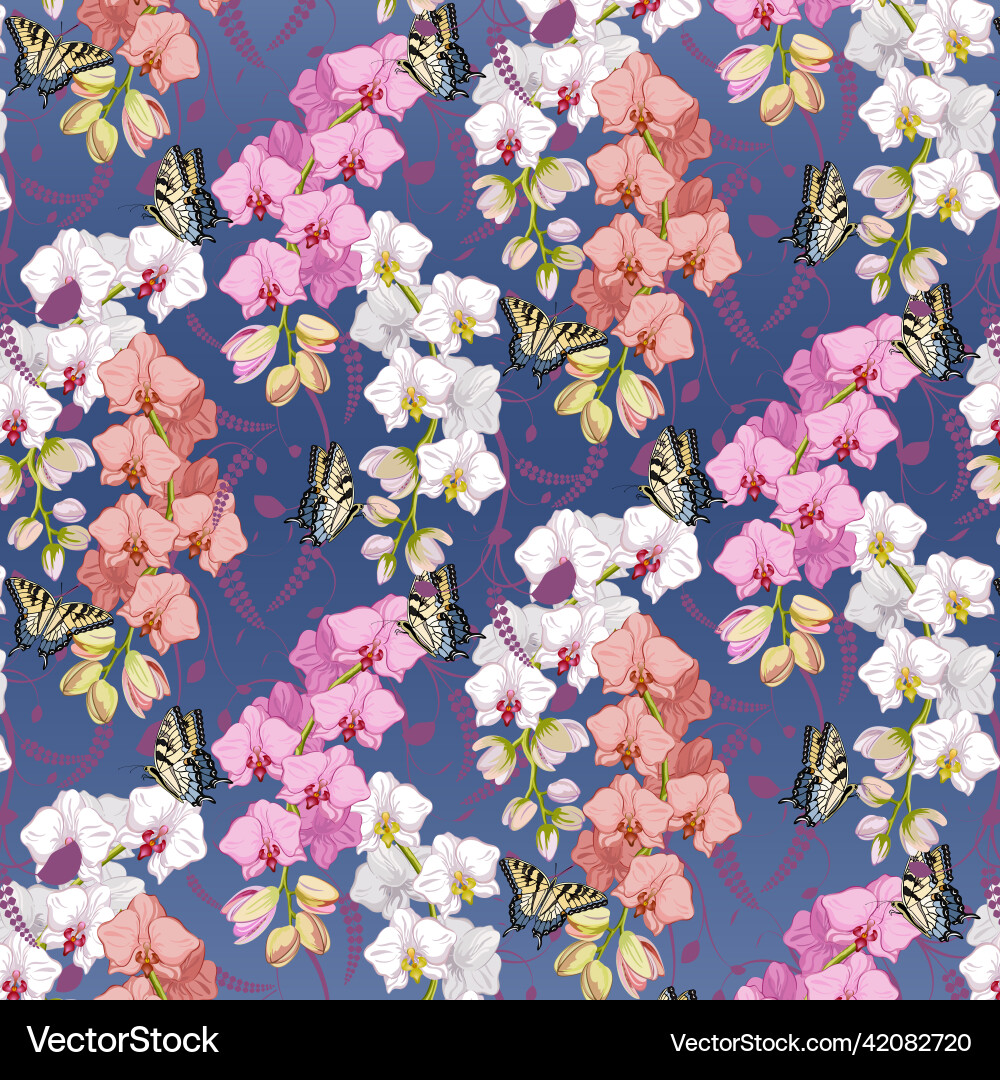 Pattern with butterflies and orchids Vector Image