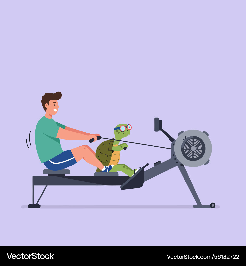 Man and turtle rowing together on machine Vector Image