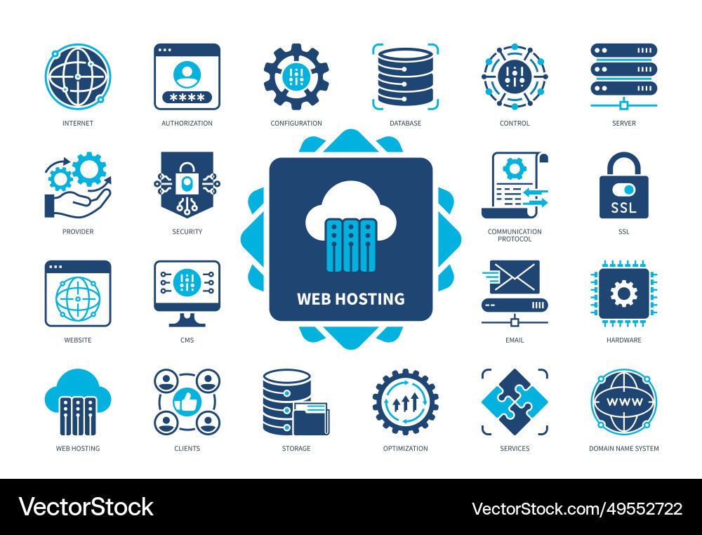 Web hosting solid icon set Web hosting solid icon set vector image