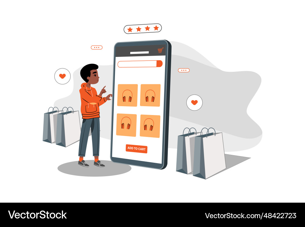 Add to cart man doing online shopping and adding Vector Image
