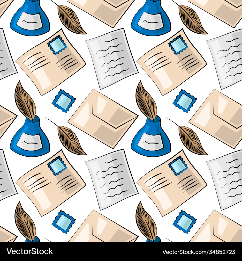 Seamless pattern with envelopes inkwells vector image