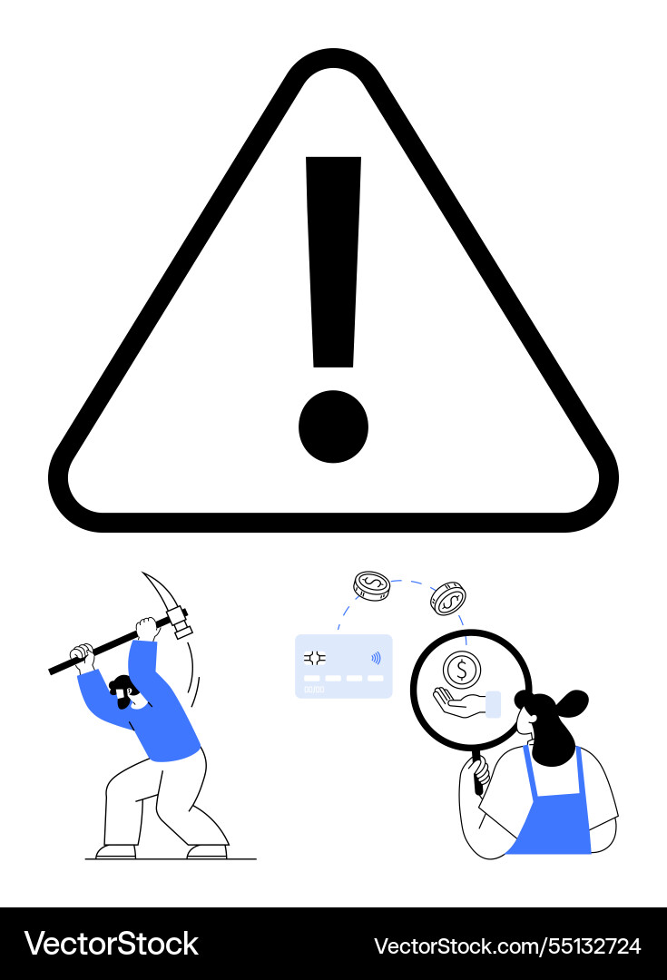 Warning exclamation mark with hacker and analyst Warning exclamation mark with hacker and analyst vector image