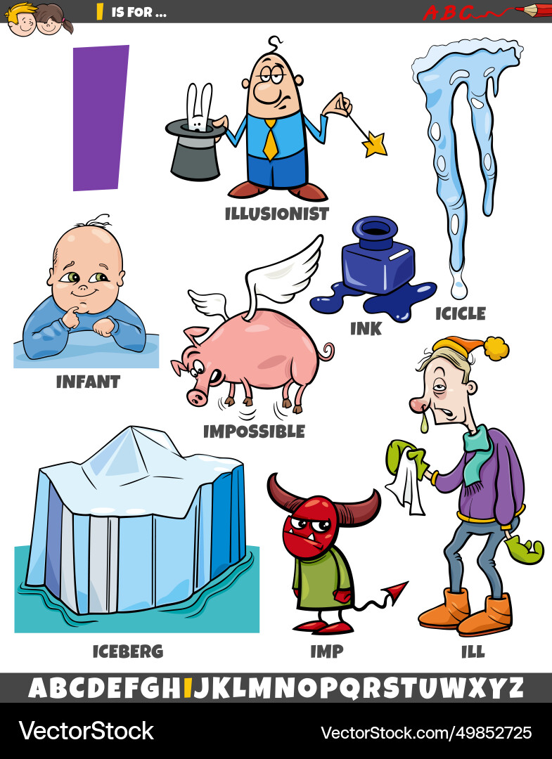 Letter i set with cartoon objects and characters vector image