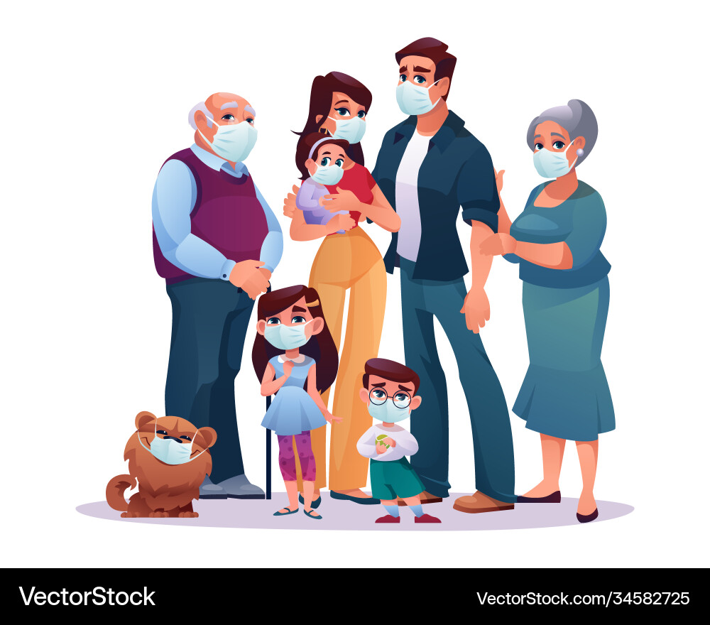 Relatives big family in mask kids adults together vector image