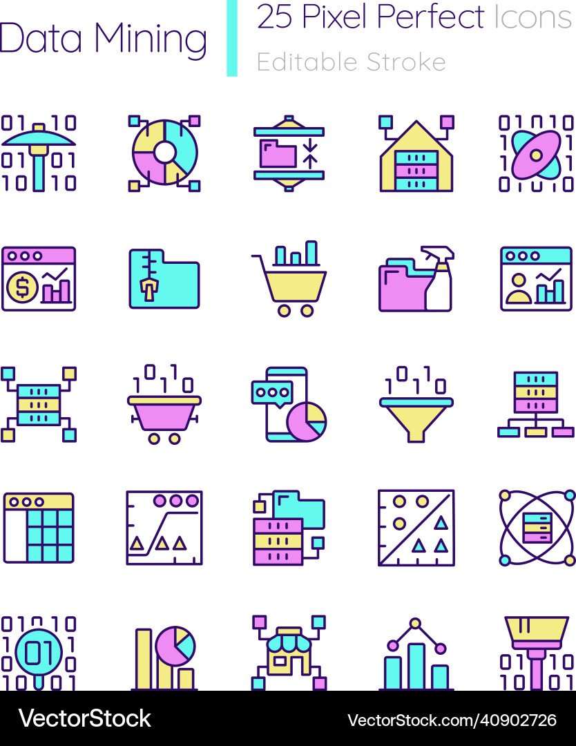 Data mining rgb color pixel perfect icons set Data mining rgb color pixel perfect icons set vector image