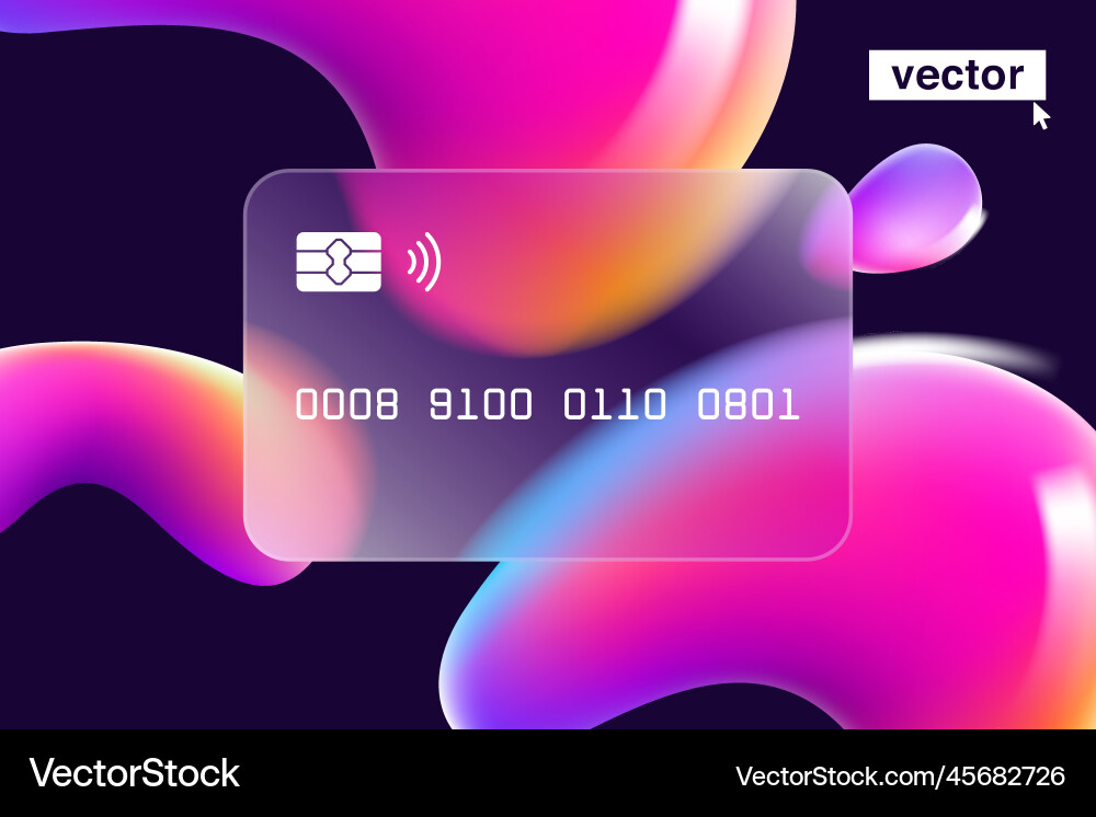 Glass morphism credit card template with floating vector image