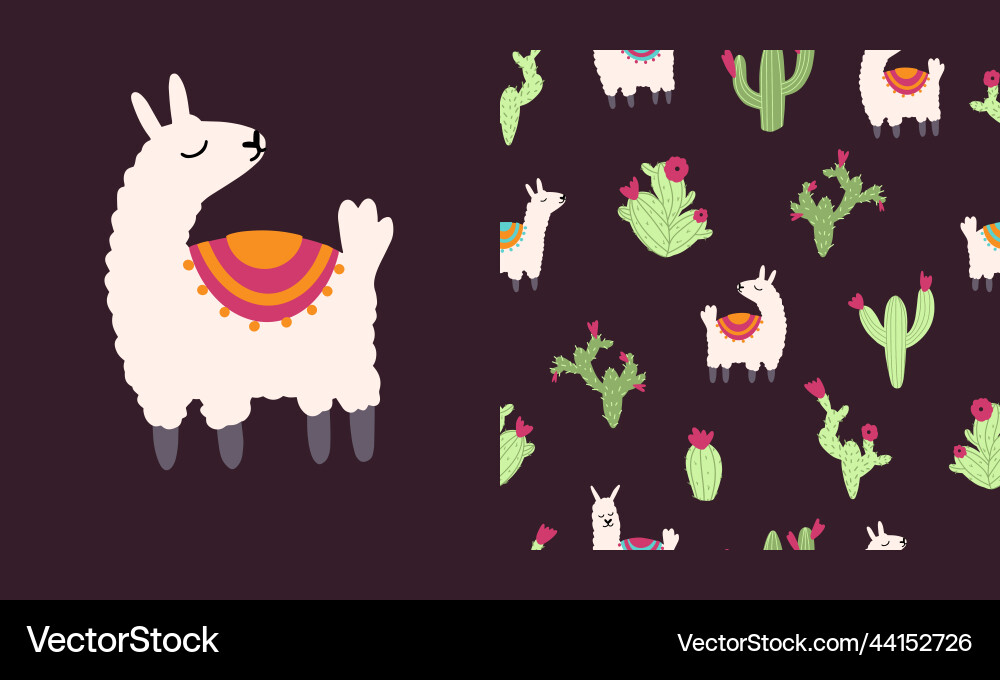 Lama alpaca seamless pattern with cactus Lama alpaca seamless pattern with cactus vector image