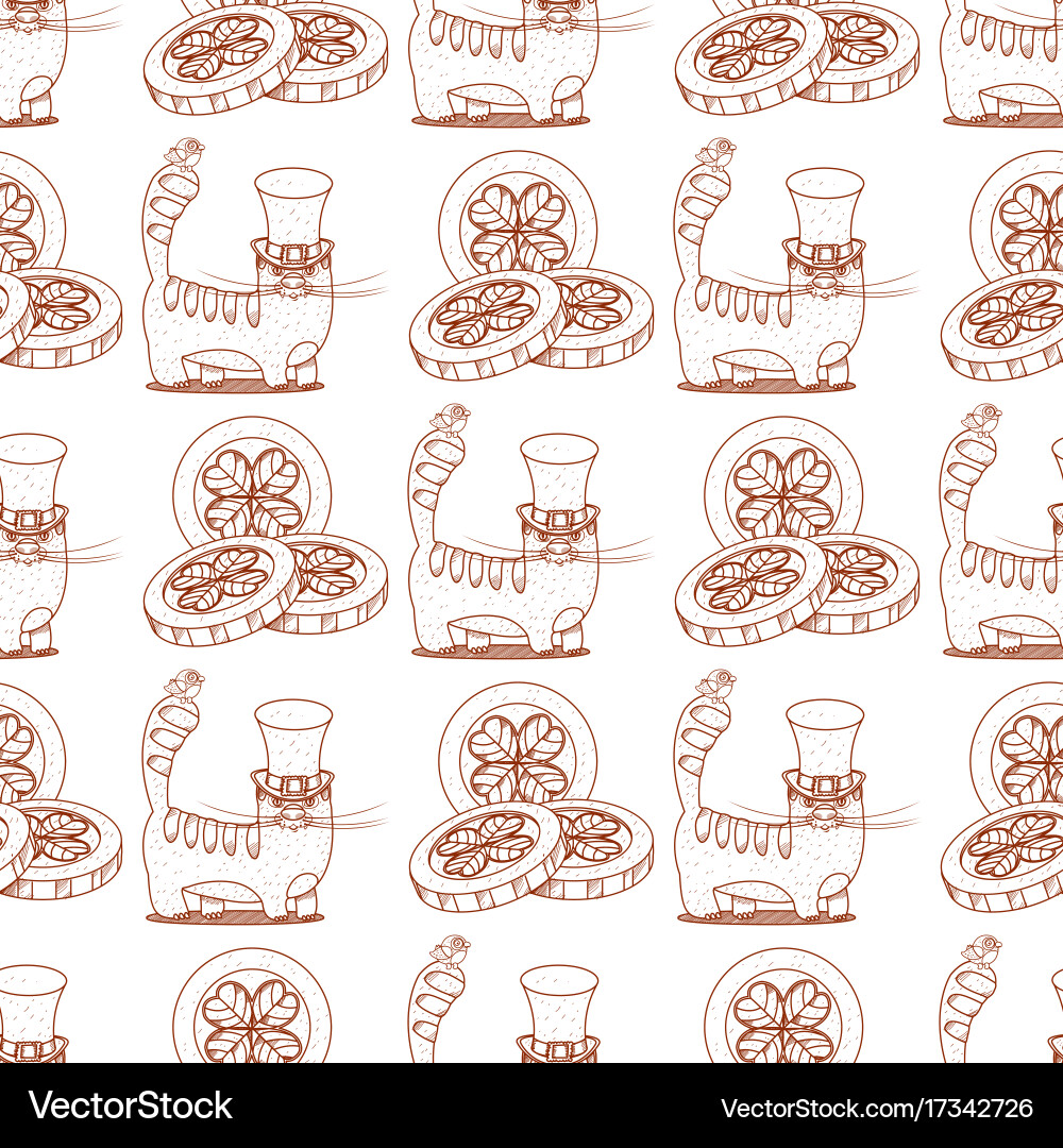 Seamless pattern with cat and coins clover Vector Image