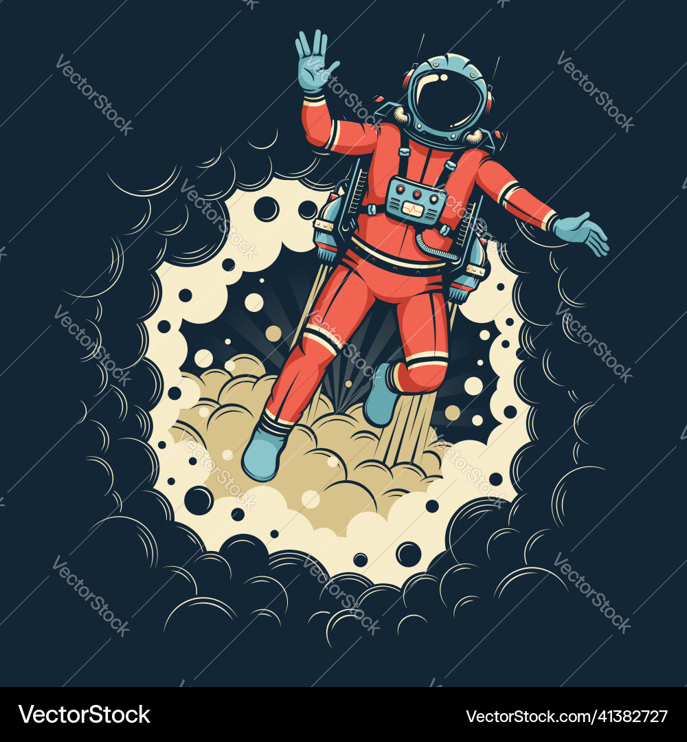 Astronaut in spacesuit with jetpack flies out Astronaut in spacesuit with jetpack flies out vector image