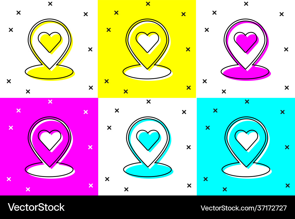 Set map pointer with heart icon isolated on color Set map pointer with heart icon isolated on color vector image