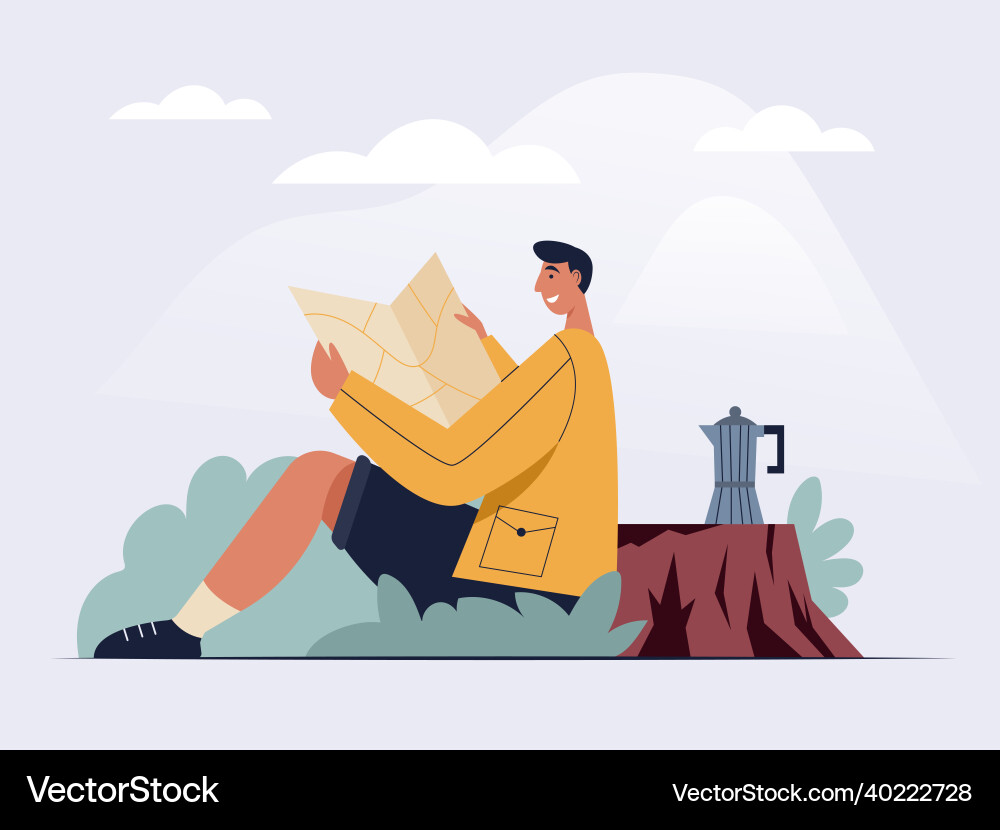 An adventurous man looks at a map to determine An adventurous man looks at a map to determine Vector Image