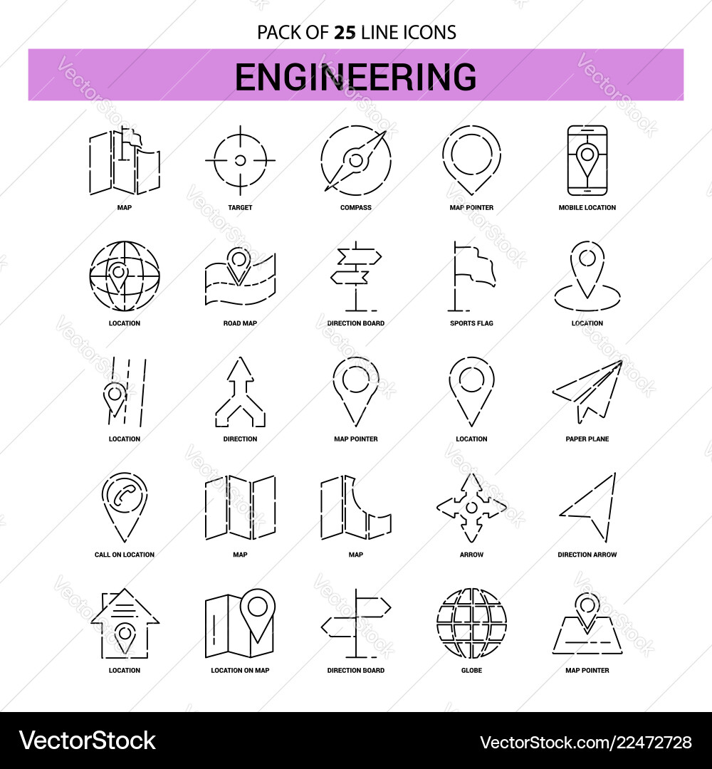 Engineering line icon set - 25 dashed outline Engineering line icon set - 25 dashed outline vector image