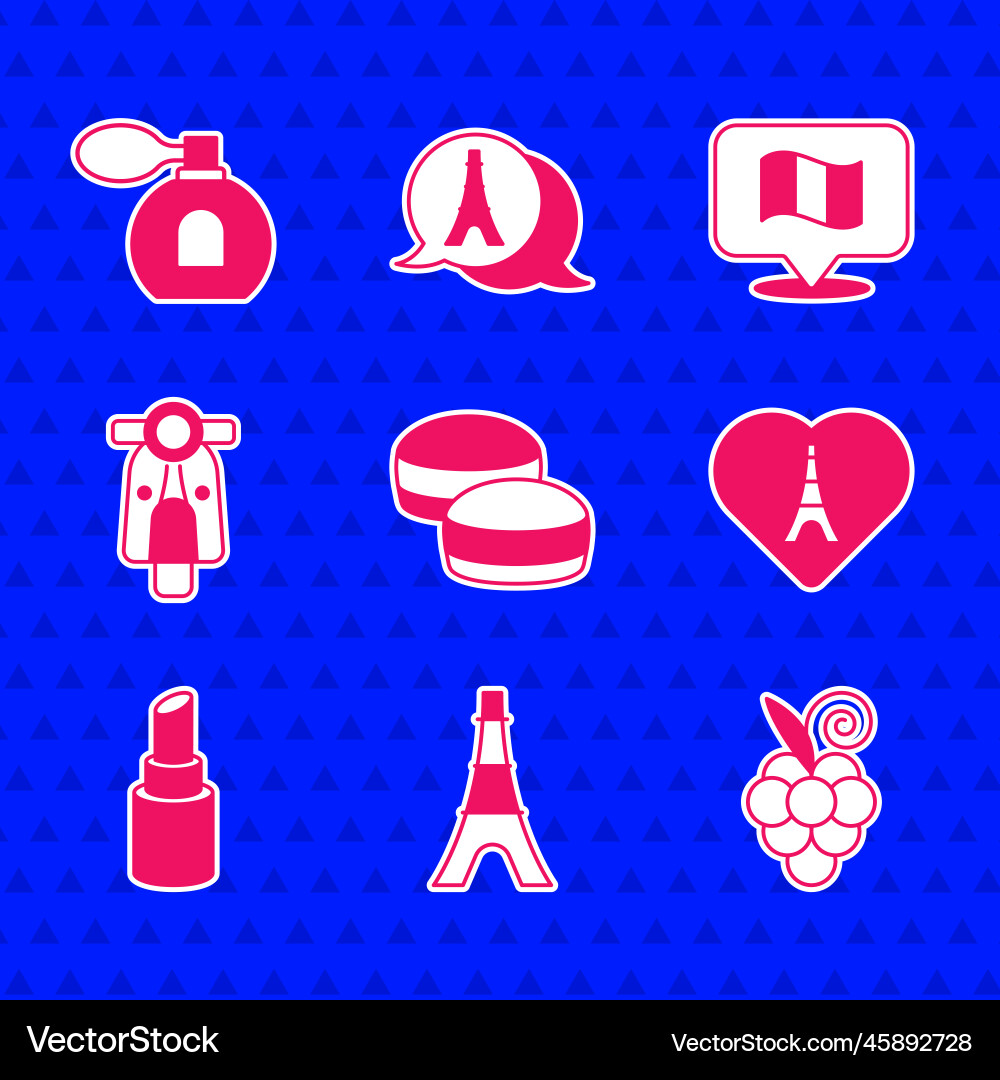 Set macaron cookie eiffel tower grape fruit Set macaron cookie eiffel tower grape fruit Vector Image
