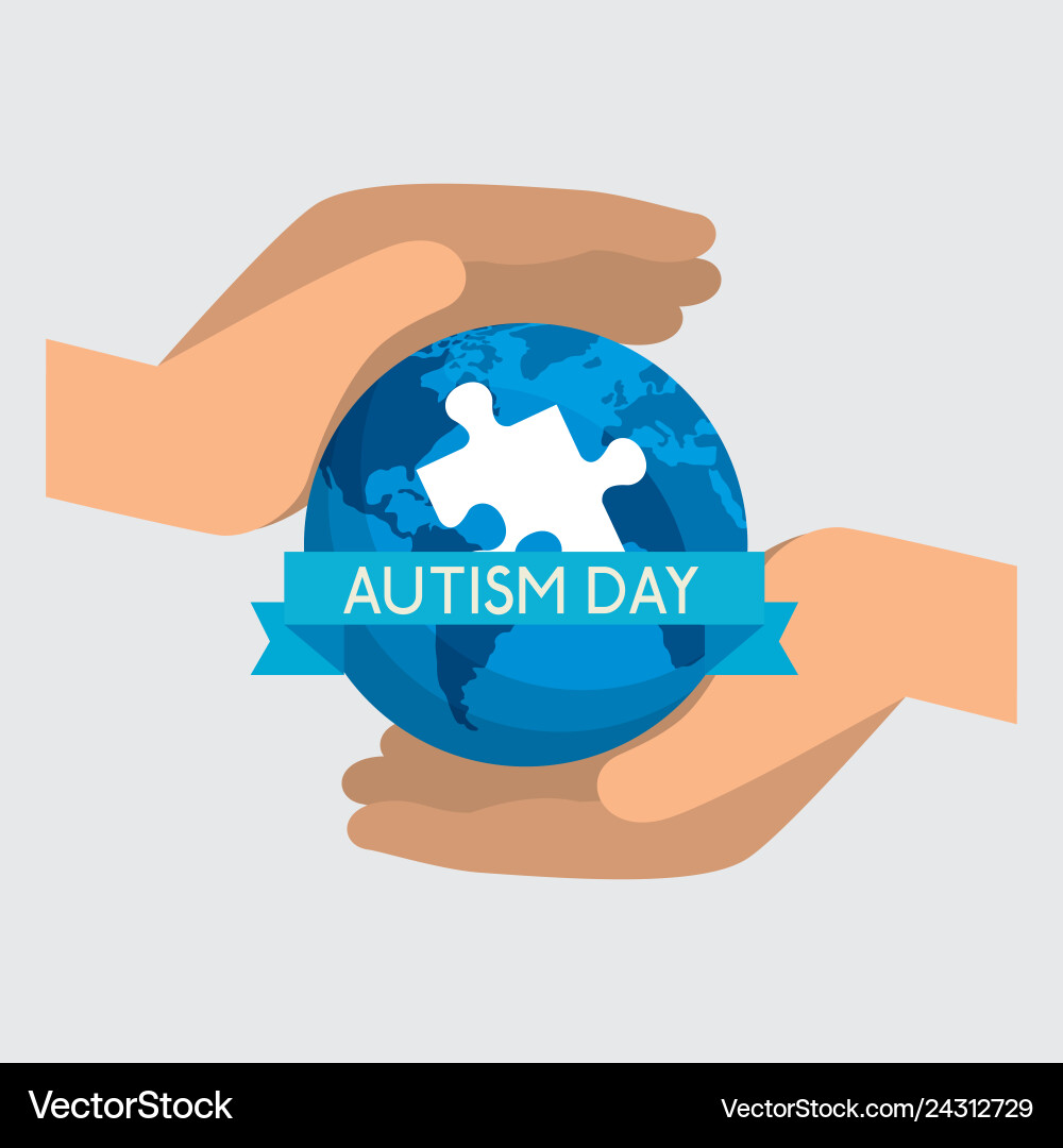 Hands with global map and puzzle to autism day Hands with global map and puzzle to autism day Vector Image