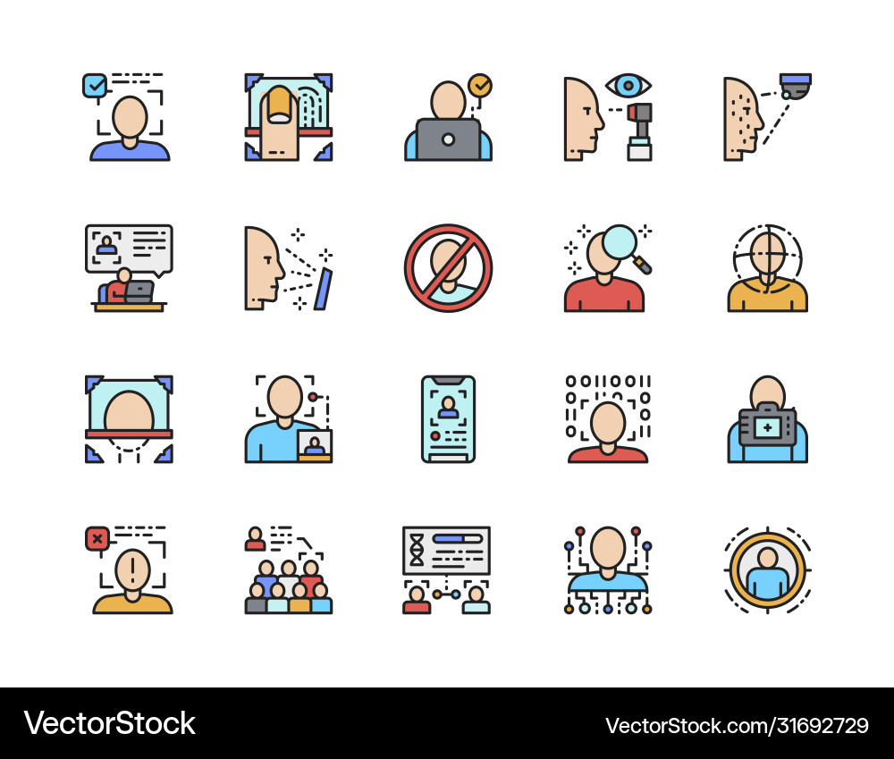 Set face detection color line icons id Set face detection color line icons id vector image