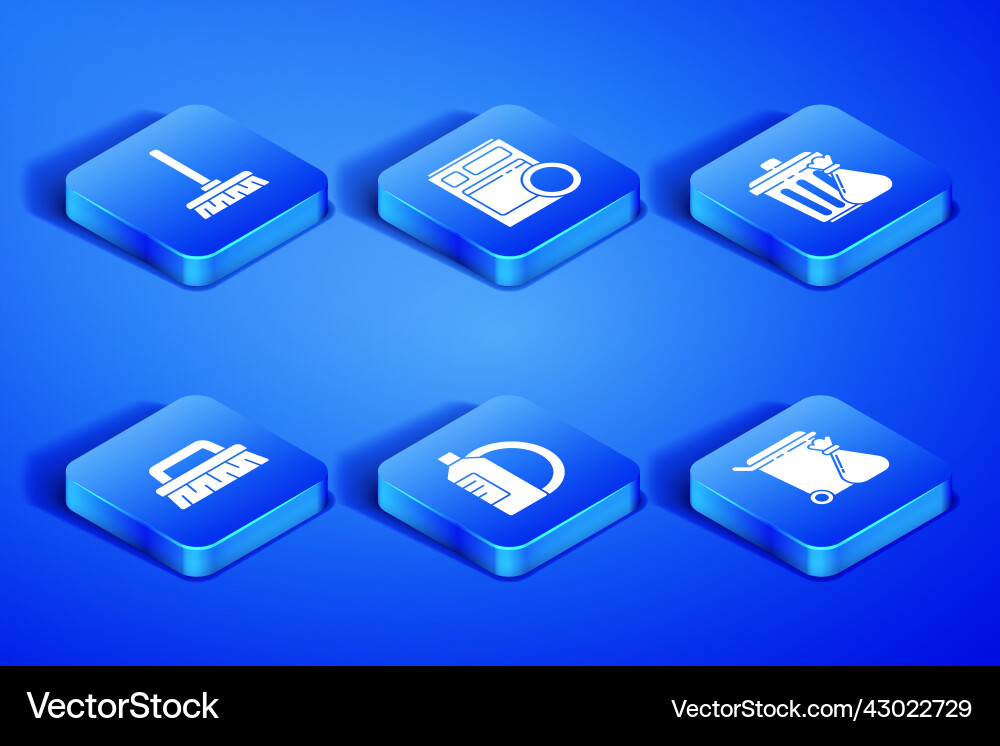 Set trash can and garbage bag handle broom Set trash can and garbage bag handle broom Vector Image