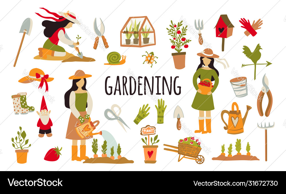 Gardening set a girl watering vegetables Gardening set a girl watering vegetables vector image