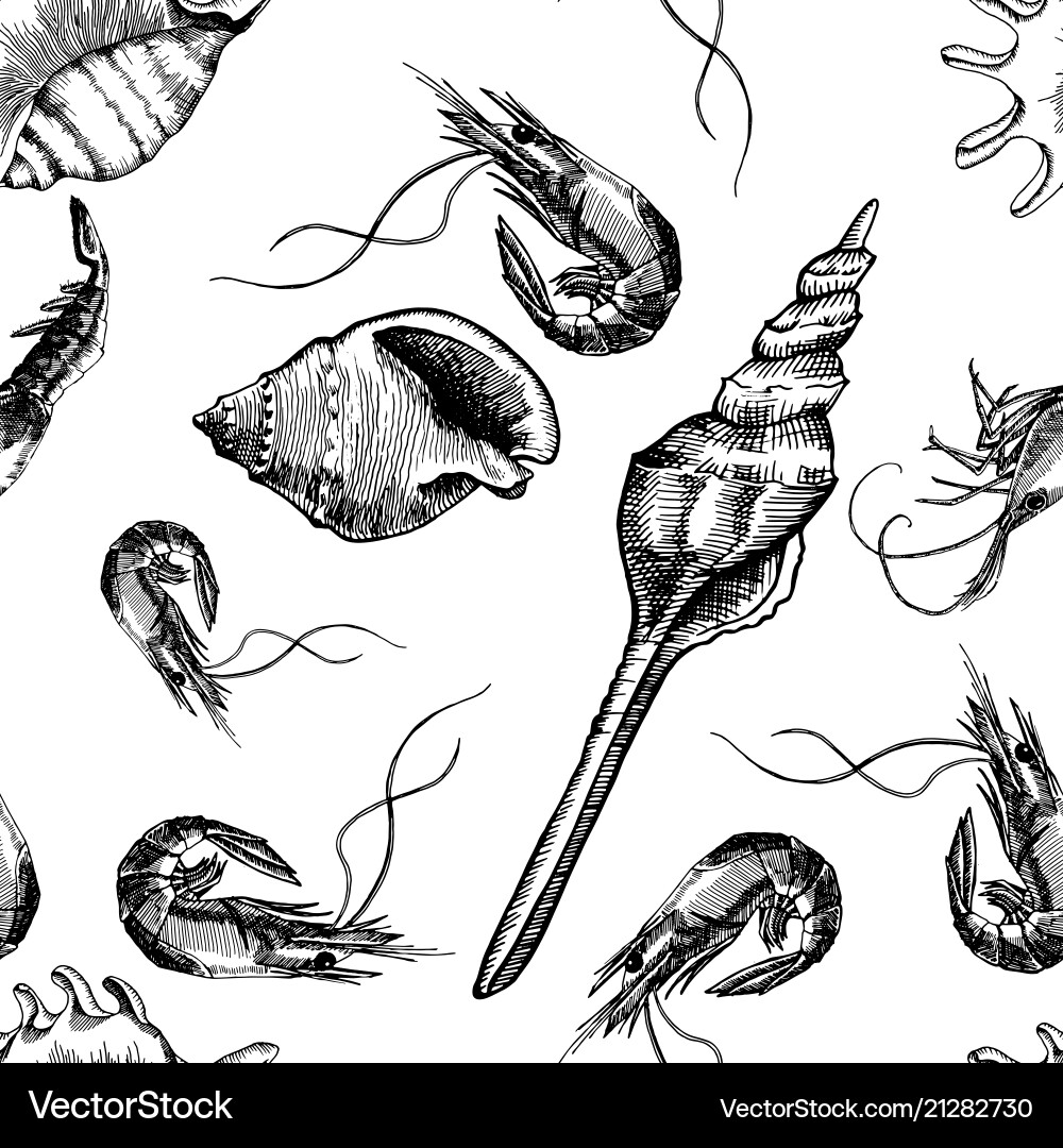 Seamless pattern with shrimps and seashells Vector Image
