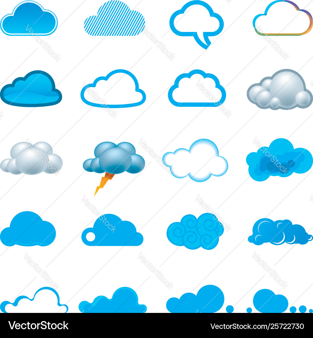 Twenty cloud icons in different shapes and styles vector image