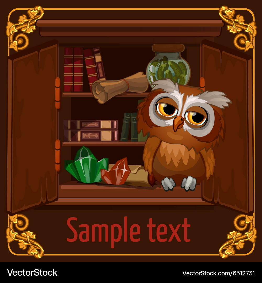 Owl sits on a bookshelf with scrolls and crystals vector image