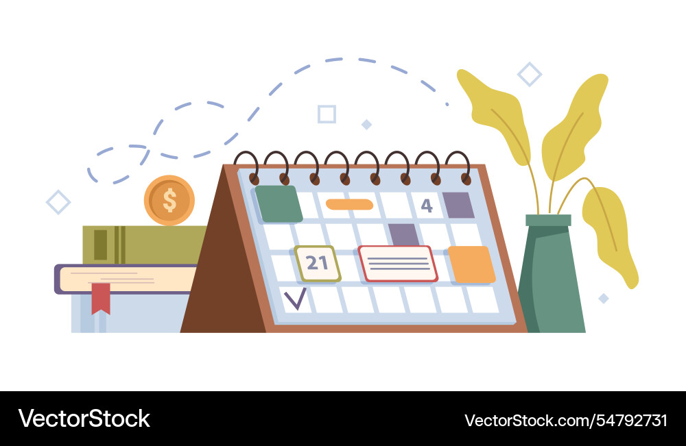 Table calendar or planner with books and plant Table calendar or planner with books and plant vector image