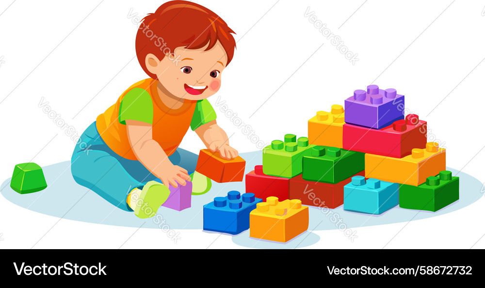 Boy with Colorful Building Blocks Vector Image
