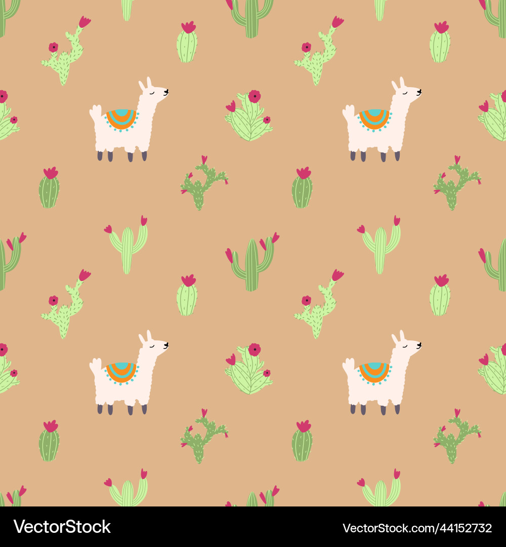 Lama alpaca seamless pattern with cactus Lama alpaca seamless pattern with cactus vector image
