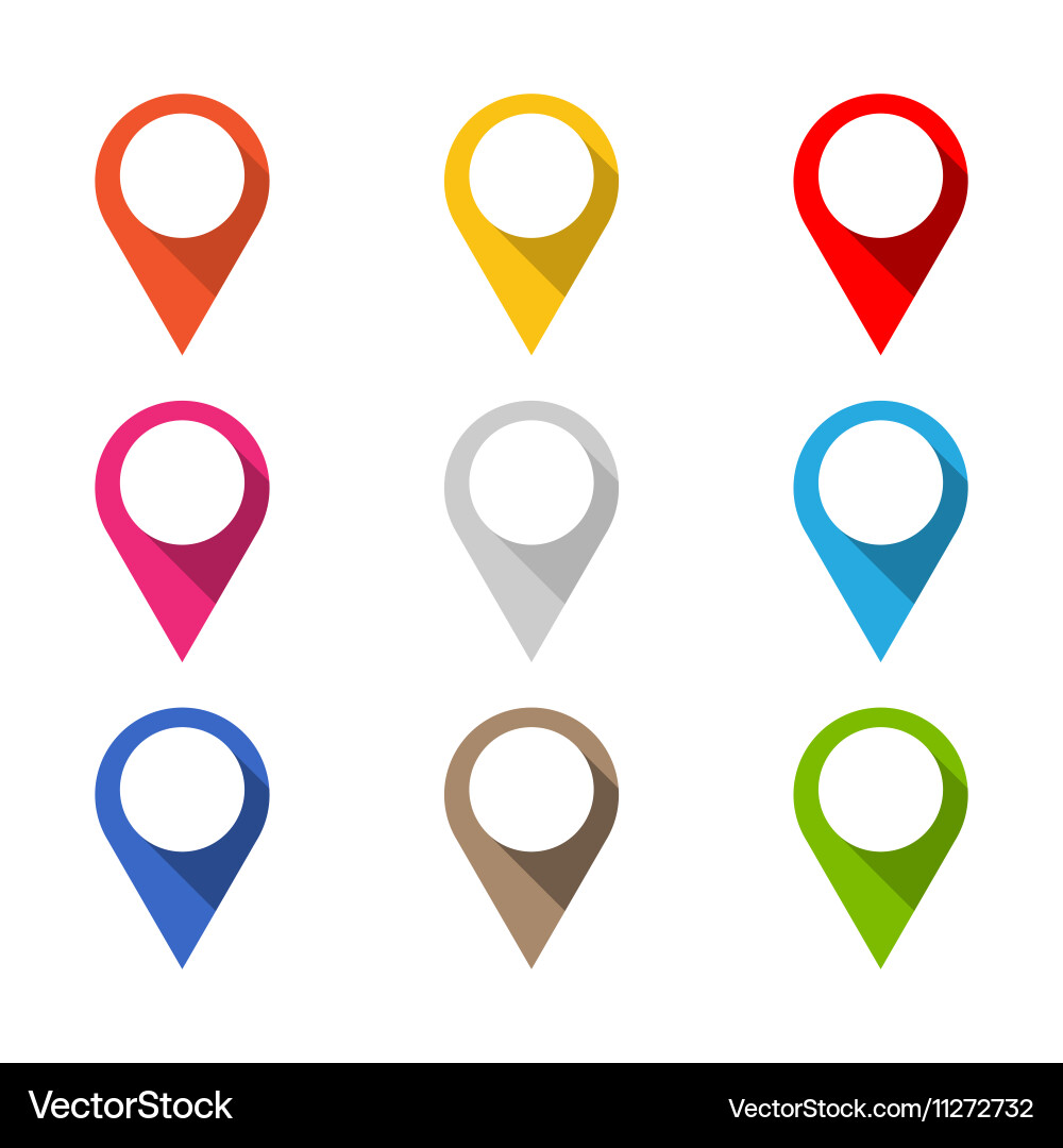 Set of colored map pointers with long shadow vector image