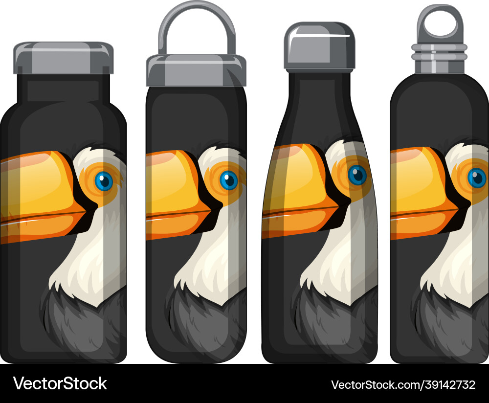 Set of different thermos bottles with toucan bird Set of different thermos bottles with toucan bird vector image