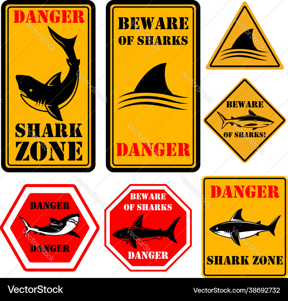 Set signs with shark danger zone sign vector image