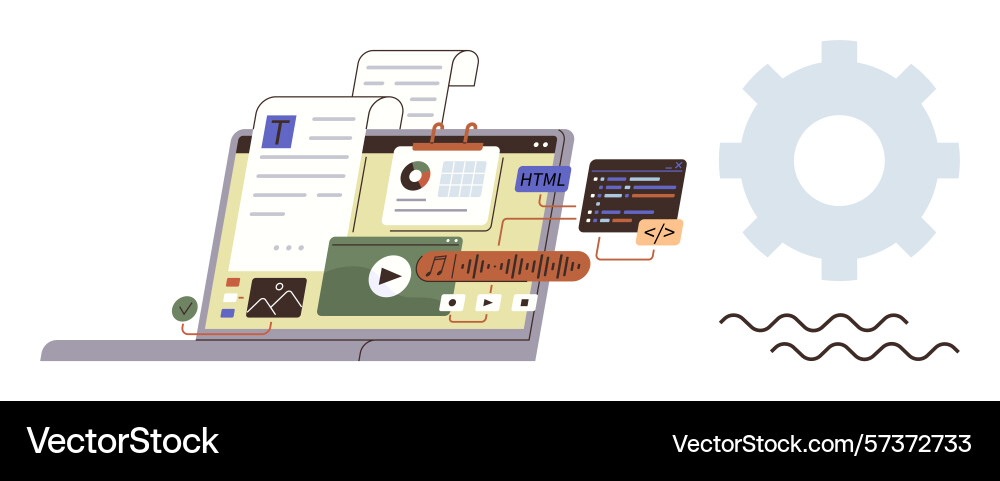 Collaborative content creation on laptop with code Collaborative content creation on laptop with code vector image