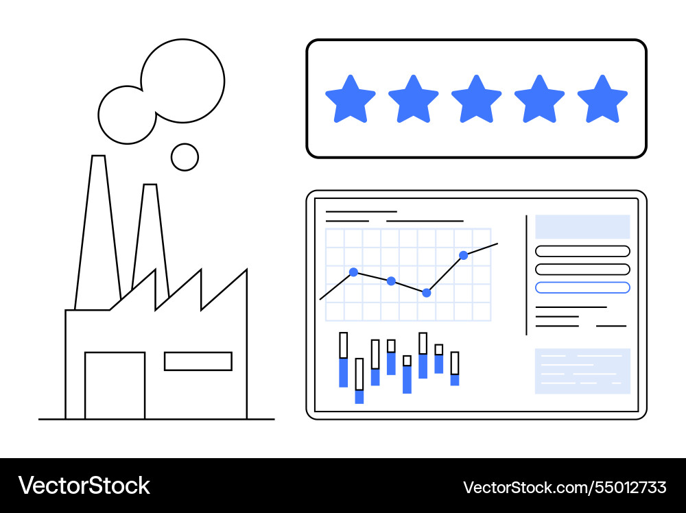 Factory building with data analysis dashboard Factory building with data analysis dashboard vector image
