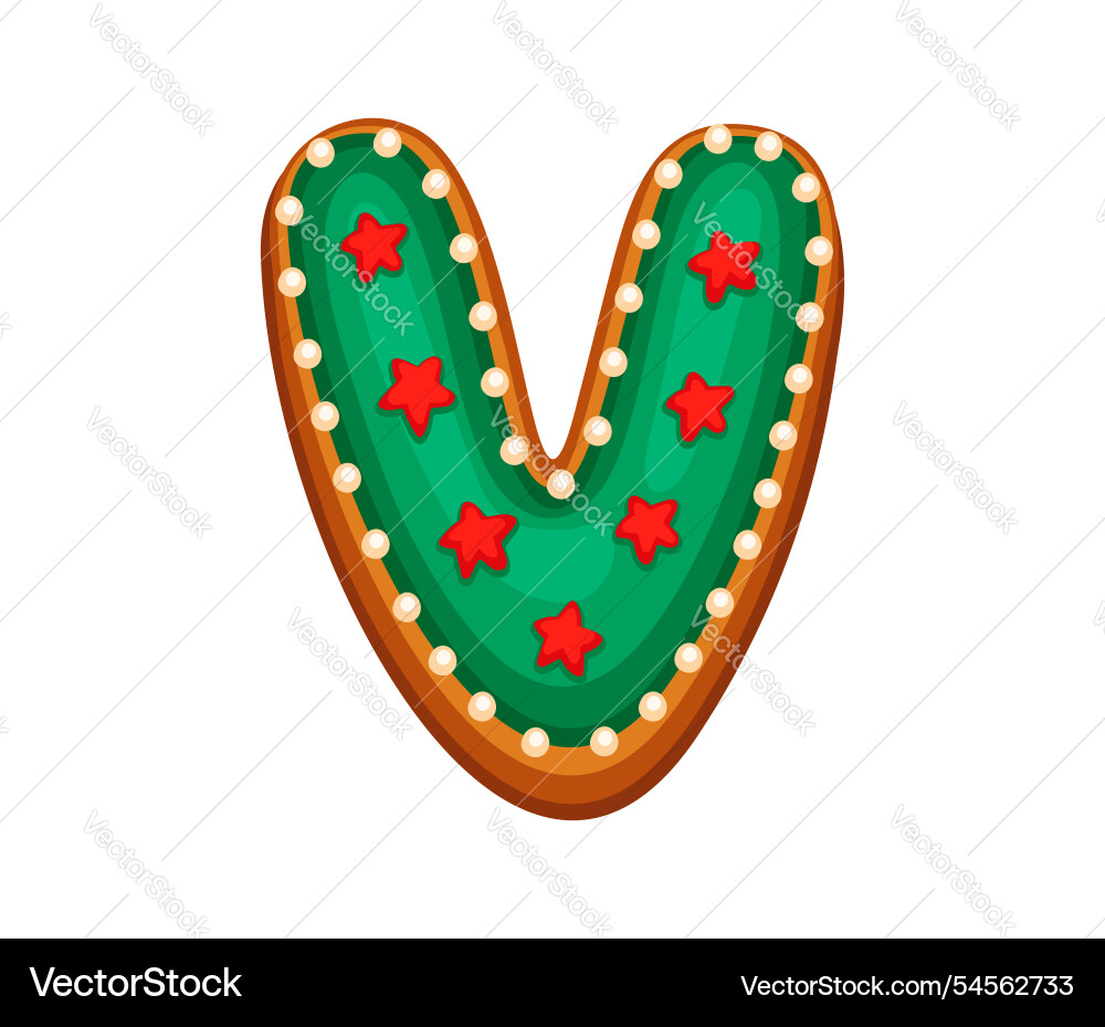 Festive gingerbread letter v with green icing Festive gingerbread letter v with green icing vector image